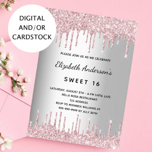 Convites Doce 16 anos, pingos cor-de-rosa-prata