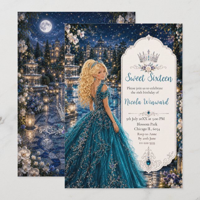 Convites Doce 16 Anos Princesa Jardim Azul Turquesa (Frente/Verso)