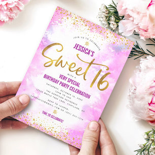 Convites Doce 16 Anos Rosa Aquarela Dourado Aniversário Mod