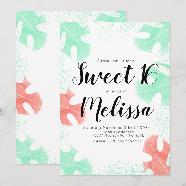 Convites Doce 16 Aquarela Monstera Folhas de Coral Mint (Frente/Verso)
