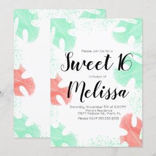 Convites Doce 16 Aquarela Monstera Folhas de Coral Mint