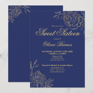 Convites Doce 16 Azul e Dourado Arte Floral em Linhas