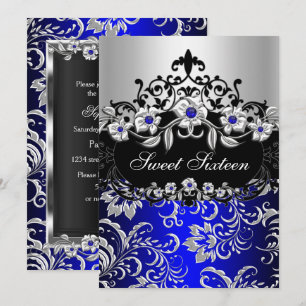 Convites Doce 16 Azul Prata Preto Floral Jóia Festa