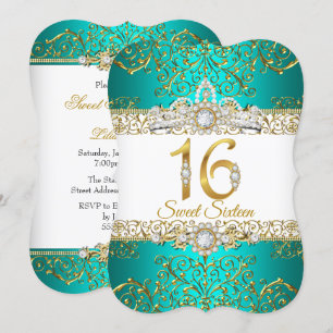 Convites Doce 16 Azul Teal Dourado Diamante Glamour Anivers