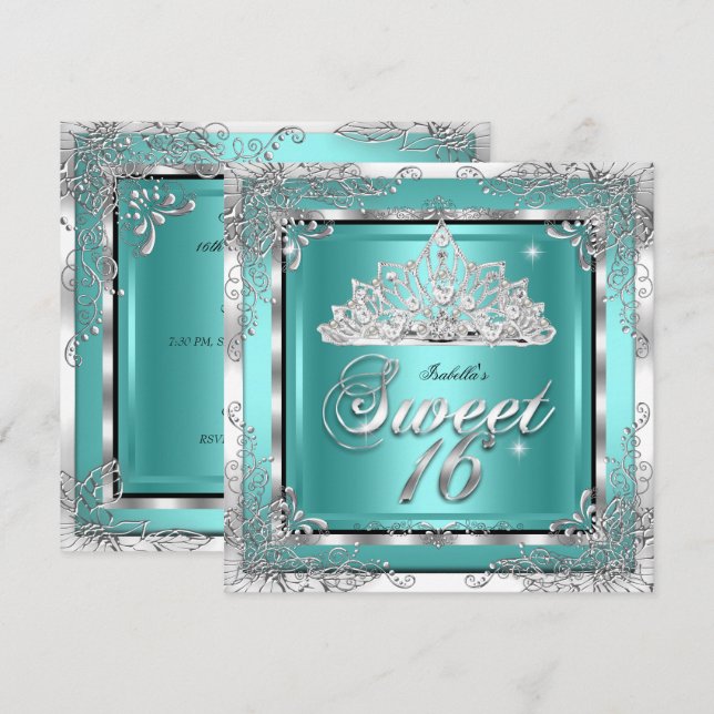 Convites Doce 16 Azul Teal Prata Tiara de Diamante Festa (Frente/Verso)