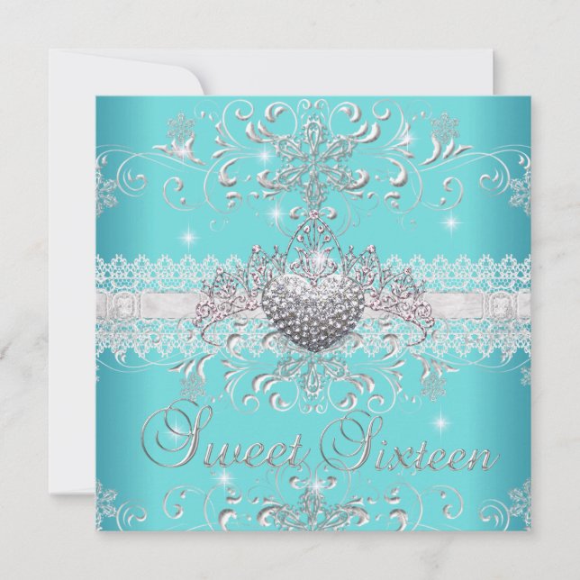 Convites Doce 16 Azul-Teal - Tiara Lace Heart (Frente)
