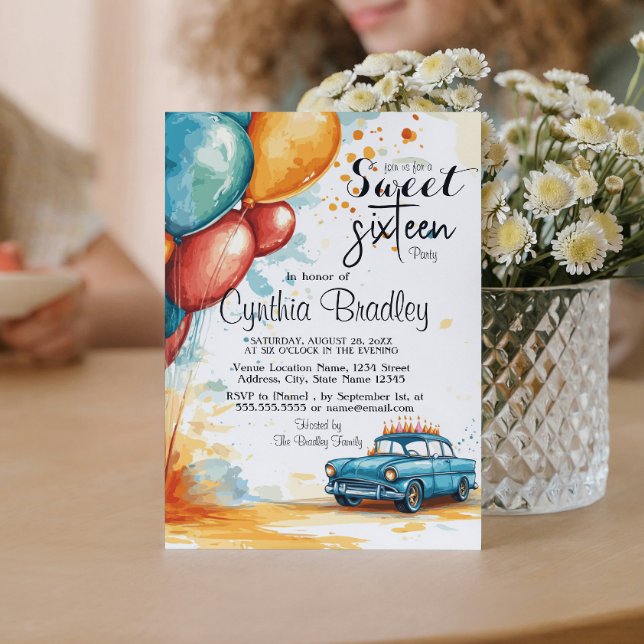 Convites Doce 16 Balões e Carro de Festa de aniversário I (Criador carregado)