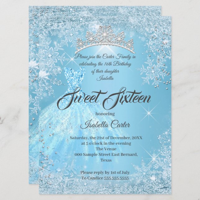 Convites Doce 16 Birthday Cinderella Blue Snowflake Winter (Frente/Verso)