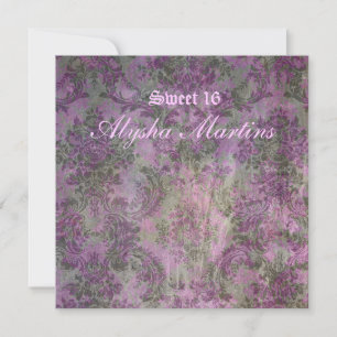 Convites Doce 16 Birthday Vintage Floral Damask Purple