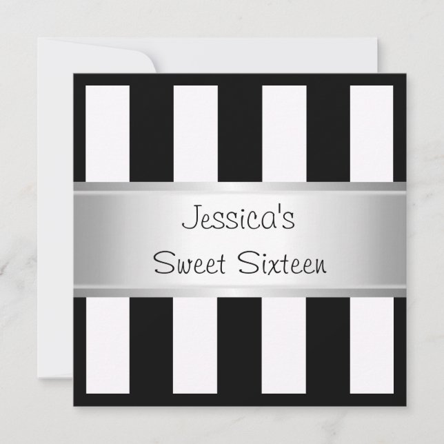 Convites Doce 16 Black & White Stripes Festa de Prata (Frente)