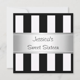 Convites Doce 16 Black & White Stripes Festa de Prata