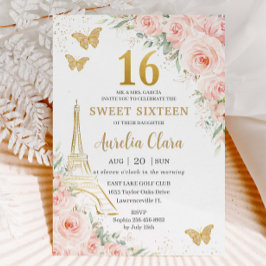 Convites Doce 16 Blush Floral Paris Eiffel Champagne