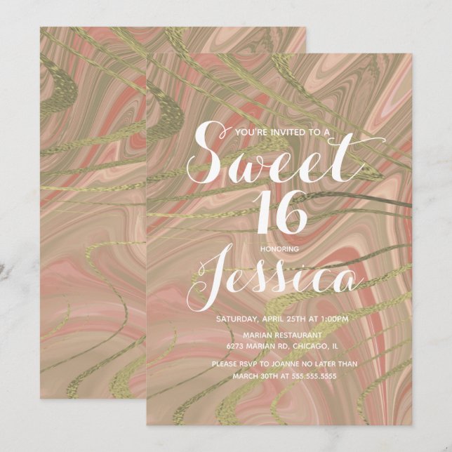 Convites Doce 16 | Blush Líquido Mármore Falso Dourado (Frente/Verso)