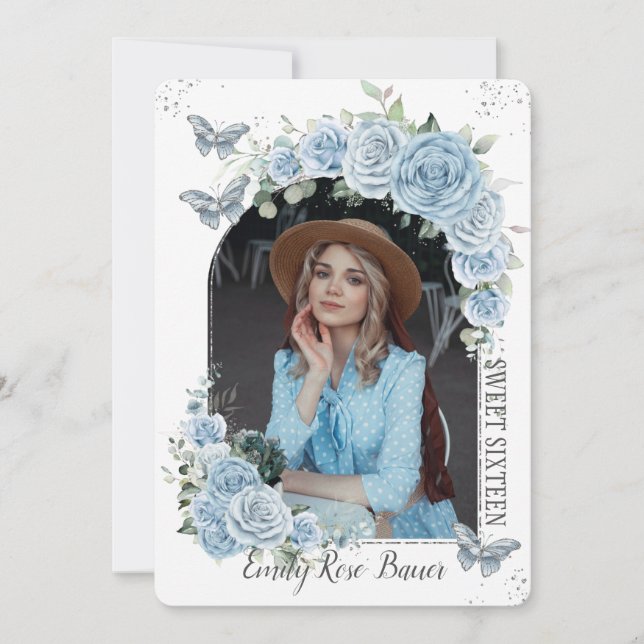 Convites Doce 16 Borboletas Azuis Florais de Aniversário Fo (Frente)