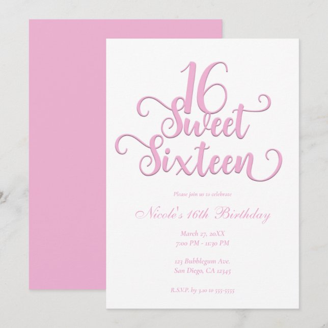 Convites Doce 16 Branco & Rosa Bubblegum Tipo Aniversário (Frente/Verso)