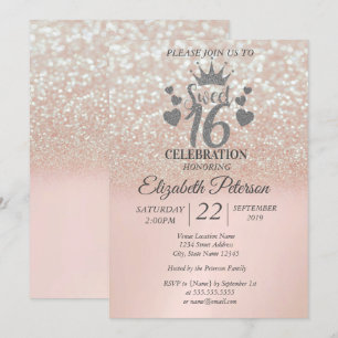 Convites Doce 16 Brilho Bokeh Ombre, Tiara com Brilho