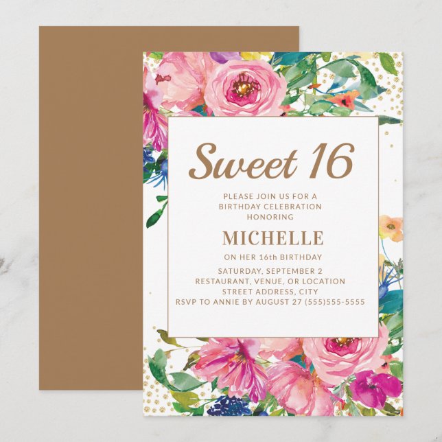 Convites Doce 16 Brilho Dourado Floral Amarelo Rosa (Frente/Verso)