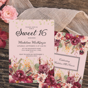 Convites Doce 16 Brilho Dourado Floral Burgundy Rosa