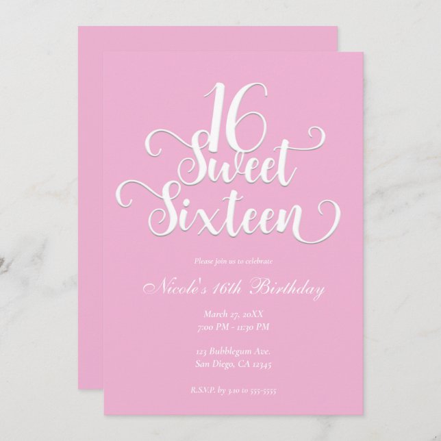 Convites Doce 16 Bubblegum, cor-de-rosa e Festa de aniversá (Frente/Verso)