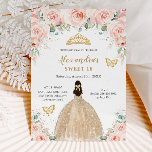Convites Doce 16 Campanha Floral Blush Princesa (blush pink floral champagne dress princess butterflies sweet sixteen 16th birthday invitation cards )
