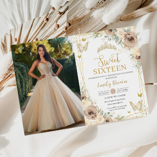 Convites Doce 16 Champagne Brown Floral Butterflies Foto
