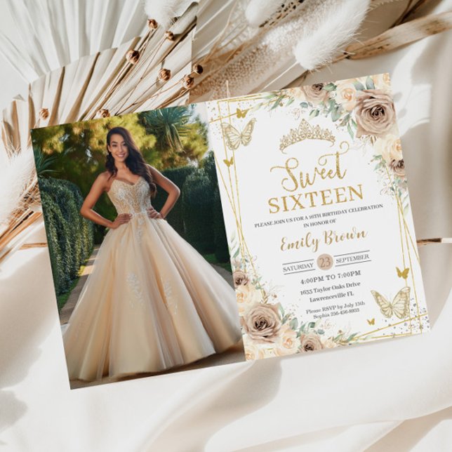 Convites Doce 16 Champagne Brown Floral Butterflies Foto (sweet sixteen 16 birthday champagne gold beige brown floral flowers roses butterflies invitations)