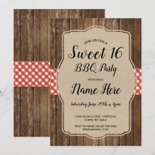 Convites Doce 16 CHURRASCO Vermelho Gingham Burlap