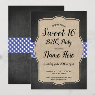 Convites Doce 16 CHURRASCOS Azul Gingham Burlap