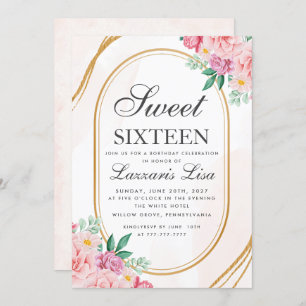 Convites Doce 16 Cinza Floral Cor-de-Água Cor Rosa, Anivers