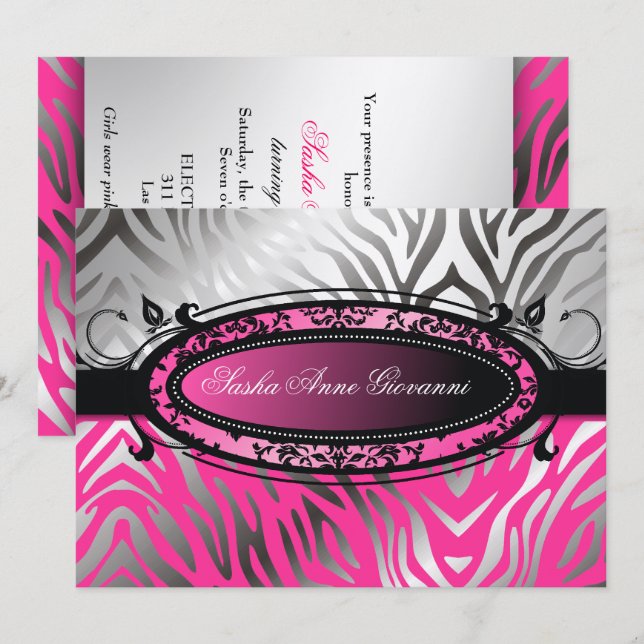 Convites doce 16 da zebra | do rosa quente de 311-C'est (Frente/Verso)
