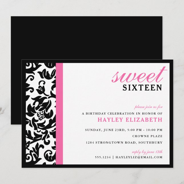 Convites Doce 16 Damasco Moderno com Borda, Rosa Brilhante (Frente/Verso)