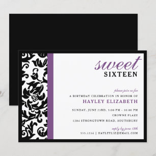 Convites Doce 16 Damask Modern com Fronteira, Roxo