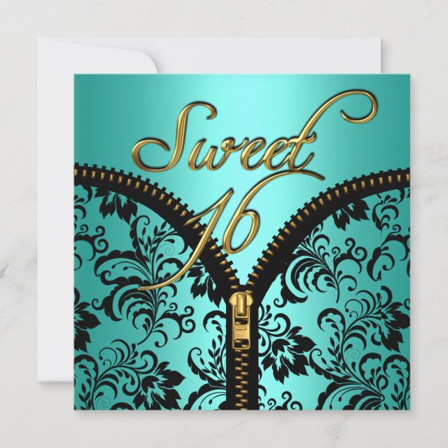 Convites Doce 16 Damask Teal Azul Dourado Preto (Frente)
