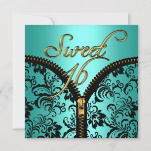 Convites Doce 16 Damask Teal Azul Dourado Preto