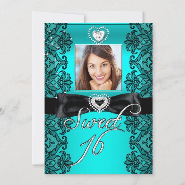 Convites Doce 16 Dezesseis Azul Teal Preto Renda Foto (Frente)