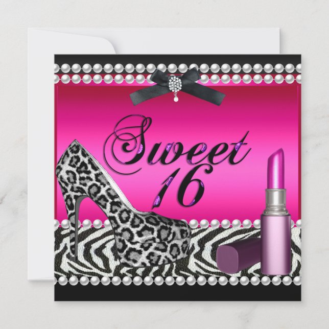 Convites Doce 16 Dezesseis Batom Rosa Quente Zebra Leopardo (Frente)