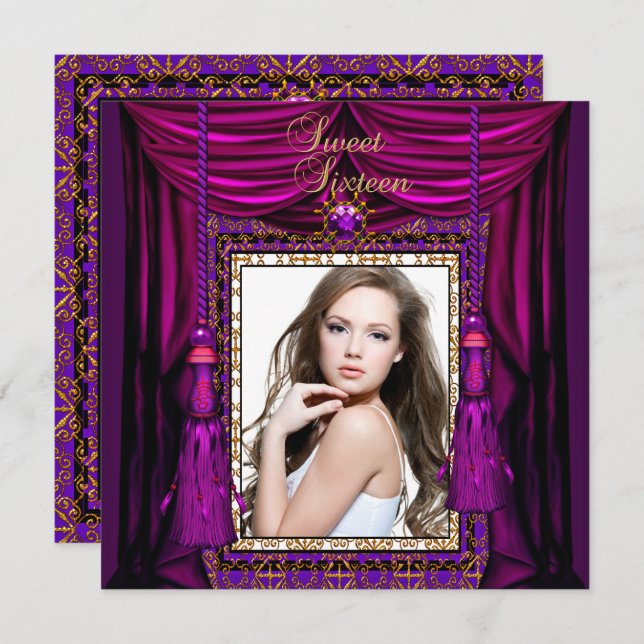 Convites Doce 16 Dezesseis Festas de aniversário Rosa Púrpu (Frente/Verso)