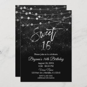 Convites Doce 16 Dezesseis Luzes Negras e Prateadas