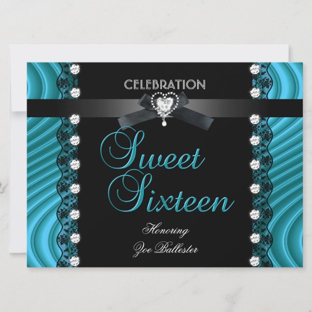 Convites Doce 16 Dezesseis Preto Azul Teal Branco Renda (Frente)