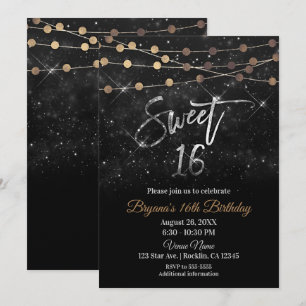 Convites Doce 16 Dezesseis Preto Prata Dourado Luzes de Bri