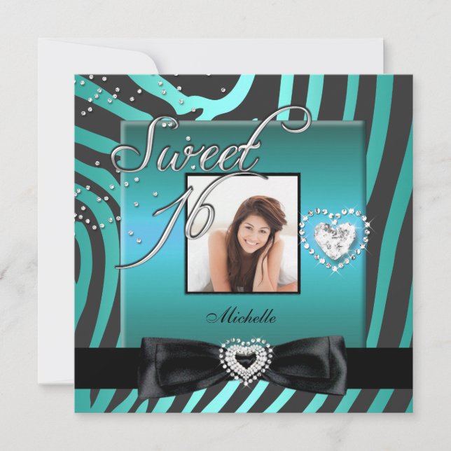 Convites Doce 16 Dezesseis Preto Zebra Teal Foto (Frente)
