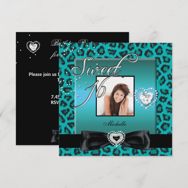 Convites Doce 16 Dezesseis Tule Preto Leopardo Foto (Frente/Verso)