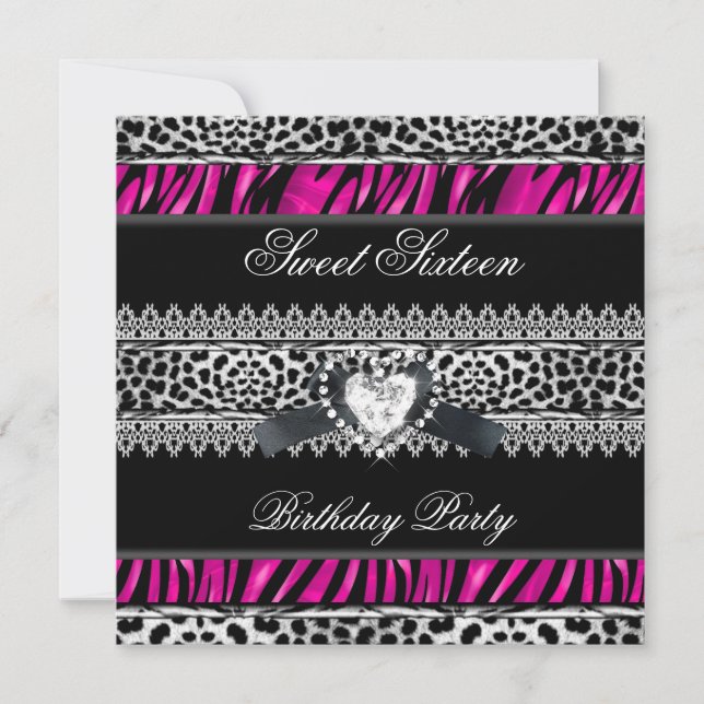 Convites Doce 16 Dezesseis Zebra Leopardo Rosa Preto Diaman (Frente)