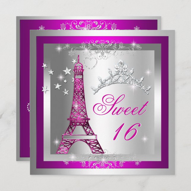 Convites Doce 16 Doce 16 Torre Rosa Tiara Eiffel (Frente/Verso)