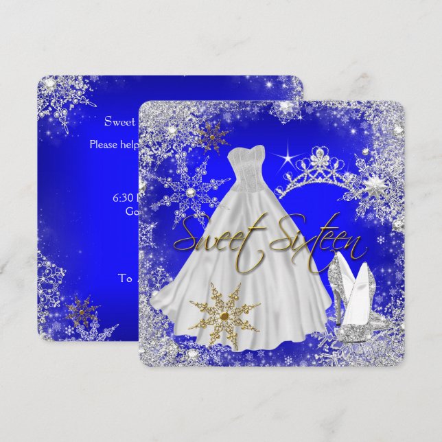 Convites Doce 16 Doce Dezesseis Flocos de Neve Azuis e Bran (Frente/Verso)