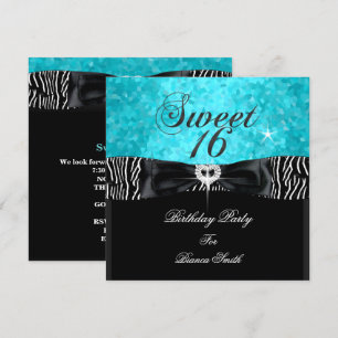 Convites Doce 16 Doce Dezesseis Turquesa Preto Zebra