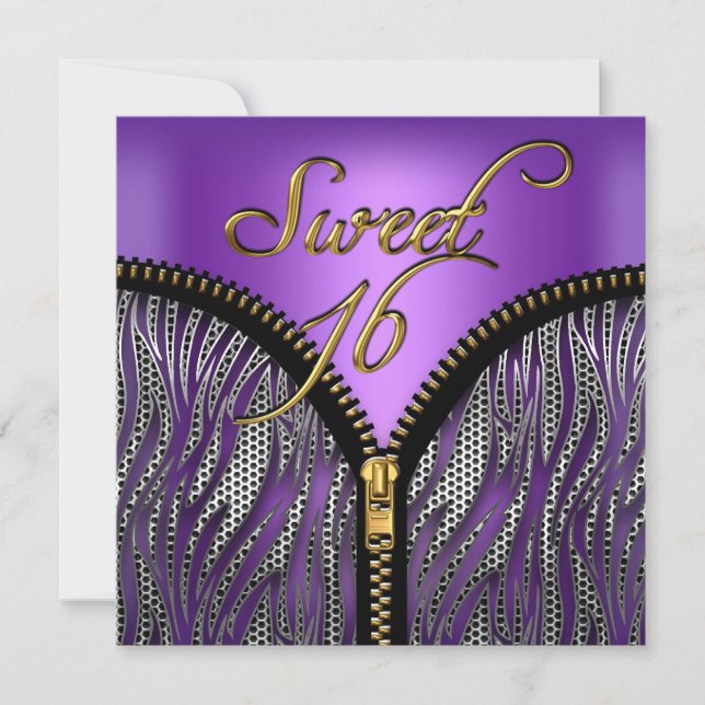 Convites Doce 16 Doce Dezesseis Zebra Roxo Dourado Preto (Frente)