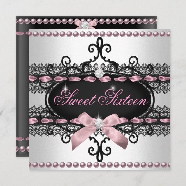 Convites Doce 16 Doce Sessenta Pearl Preto Cor-de-Rosa Bran (Frente/Verso)