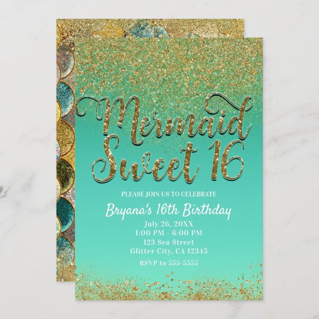 Convites Doce 16 Dourada Glitter Festa de aniversário de Se (Frente/Verso)