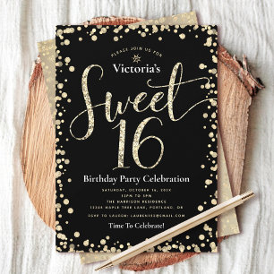 Convites Doce 16 Dourado Brilho Script Aniversário Chic